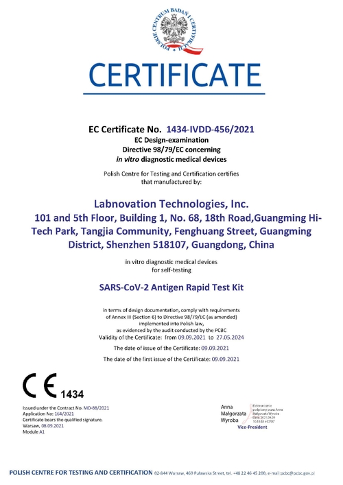 लैबनोवेशन का SARS-CoV-2 एंटीजन रैपिड टेस्ट किट (स्व-परीक्षण के लिए) CE प्रमाणित पास